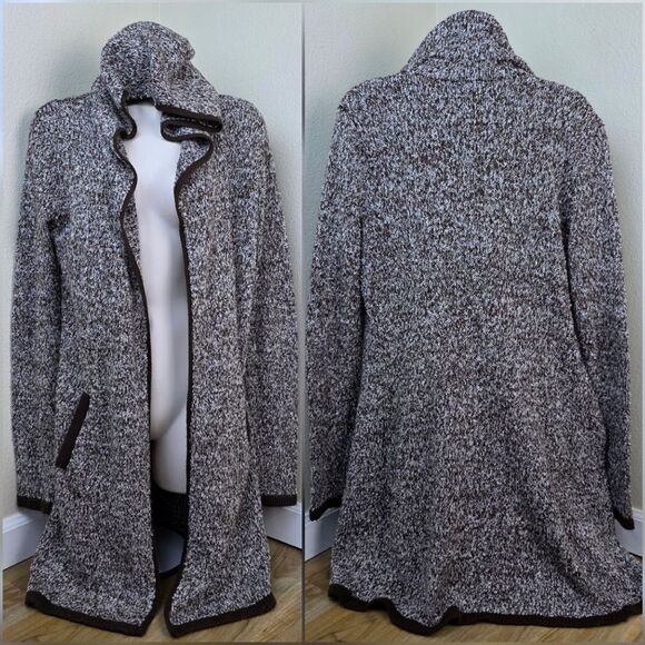 🩵Brown & White Variegated Trim Open Front Hooded Cardigan Large - Picture 13 of 14